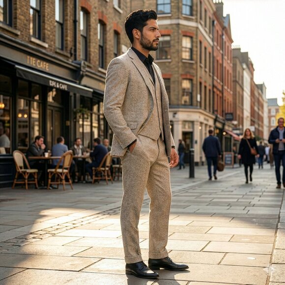 Hybrid Fit Classic Tweed Beige Mens Suit by Sean Alexander - Picture 2 of 9